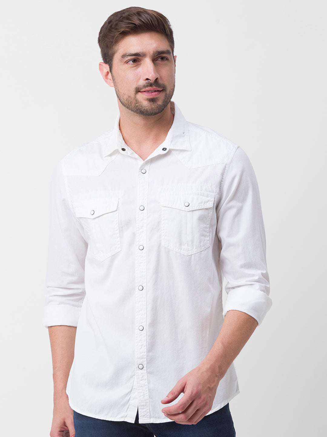 Spykar White Cotton Full Sleeve Plain Shirt For Men