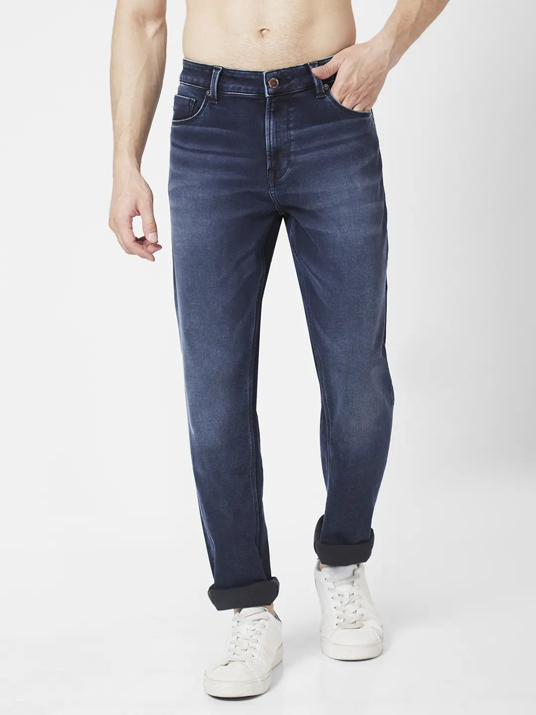 Spykar Men Black Indigo Cotton Stretch Comfort Fit Straigth Length Clean look Mid Rise Jeans (Ricardo)