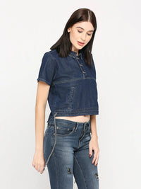 Spykar Women Dark Blue Lycra Regular Fit Denim Tshirt