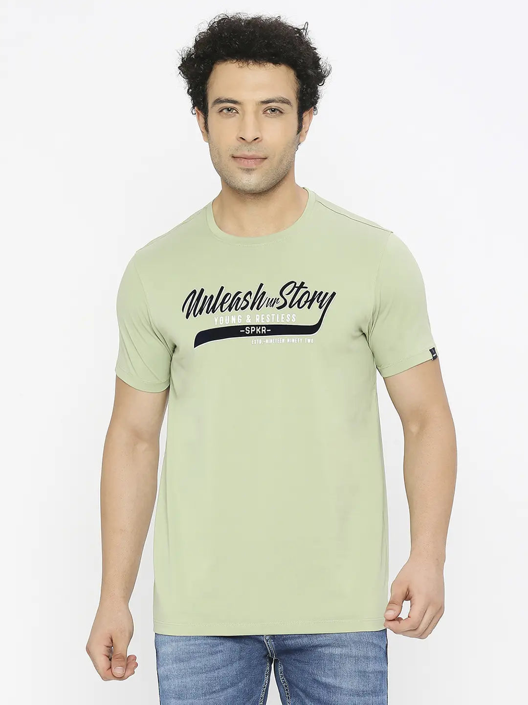 Spykar Men Dusty Green Blended Regular Fit Half Sleeve Printed Round Neck Tshirt