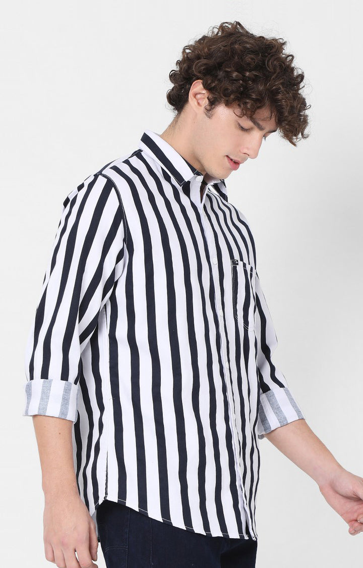 Spykar Slim Fit Navy Blue Striped Full Sleeve Shirts For Men