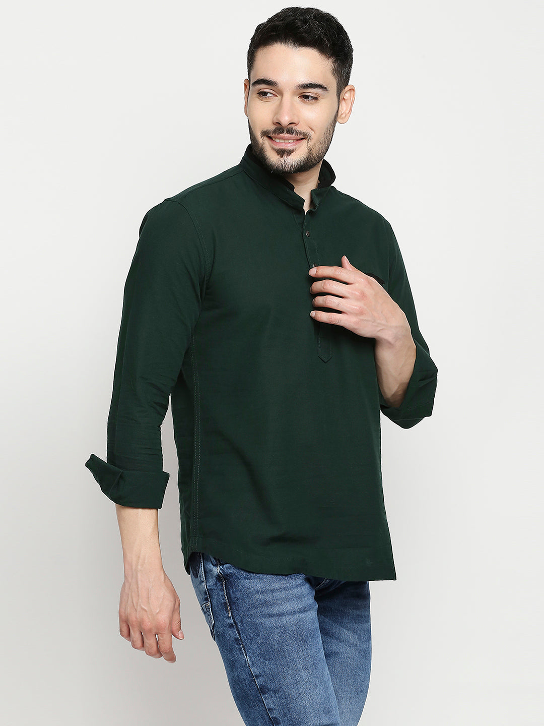 Spykar Bottle Green Cotton Full Sleeve Plain Kurta For Men