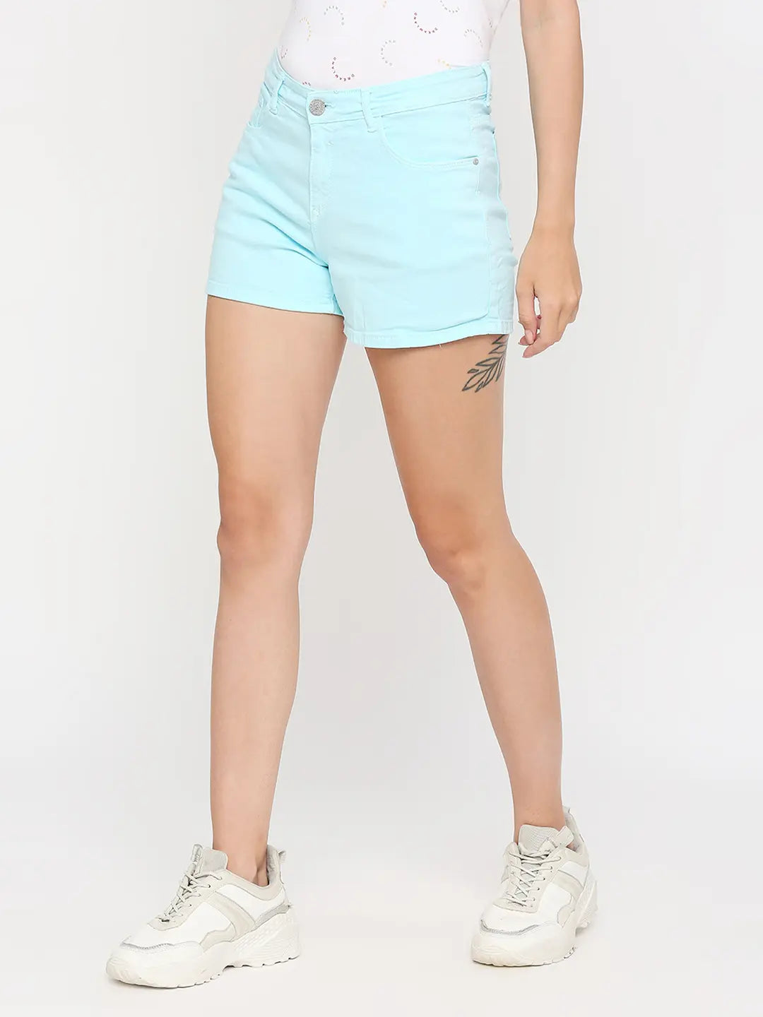 Spykar Women Turquoise Cotton Slim Fit Above Knee Length Shorts