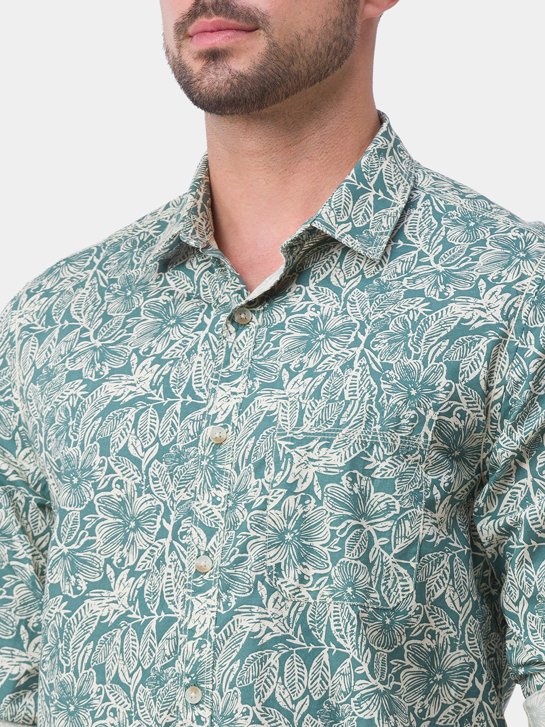 Spykar Sage Green Cotton Full Sleeve Printed Shirt For Men