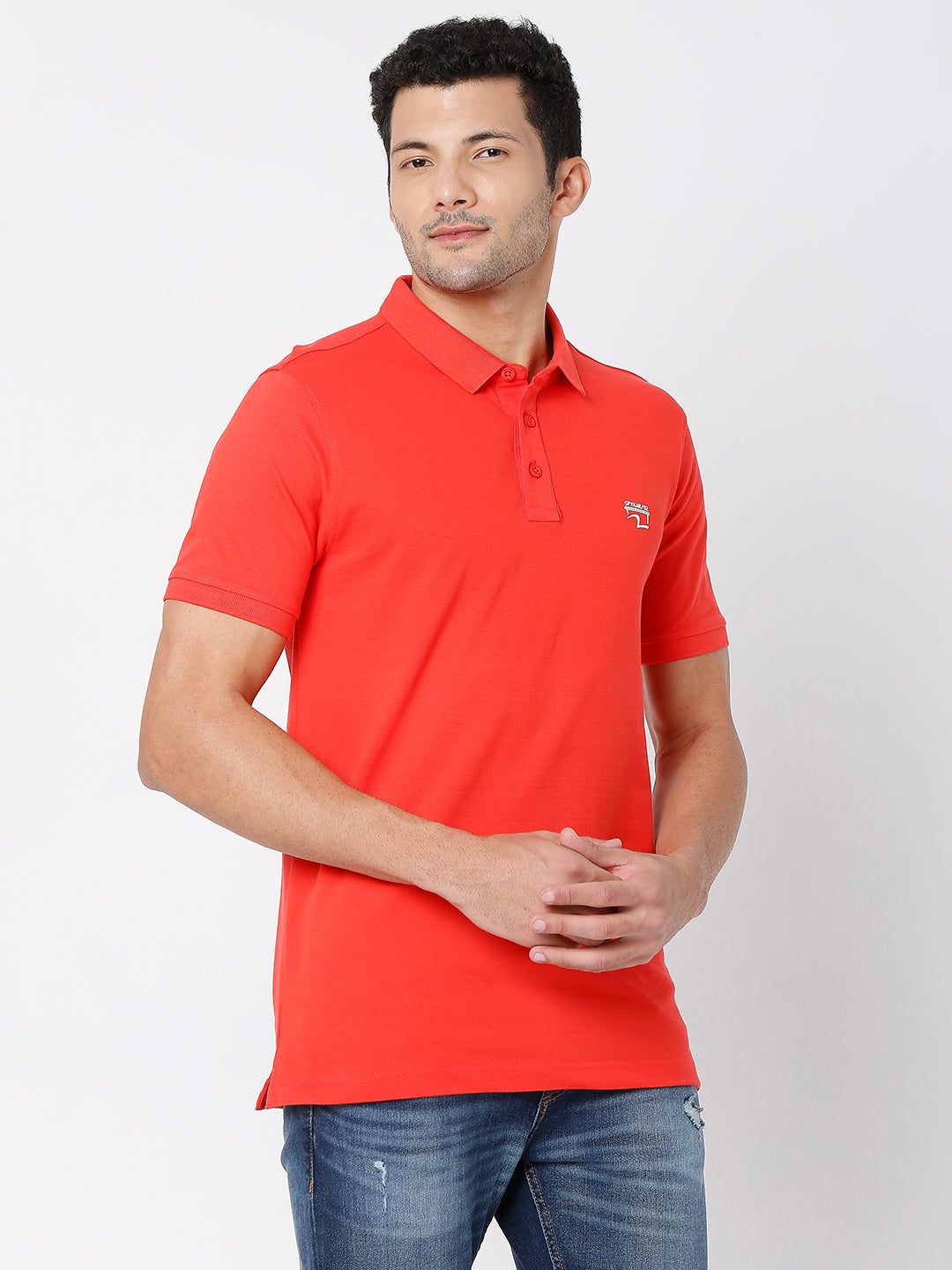 Spykar Men Deep Coral Cotton Half Sleeve Plain Casual Polo Tshirt