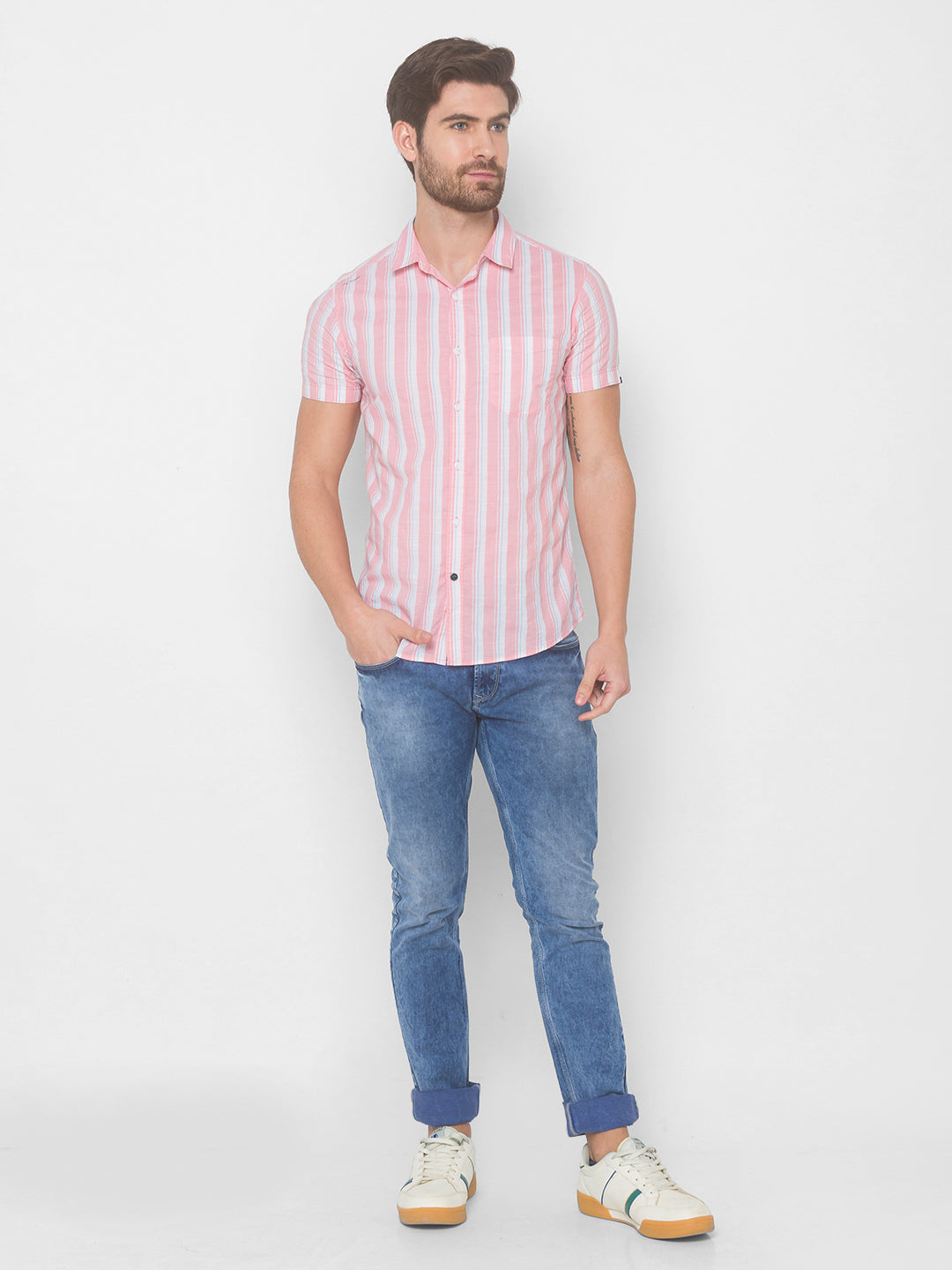 Spykar Men Peach Pink Cotton Shirts (Slim)