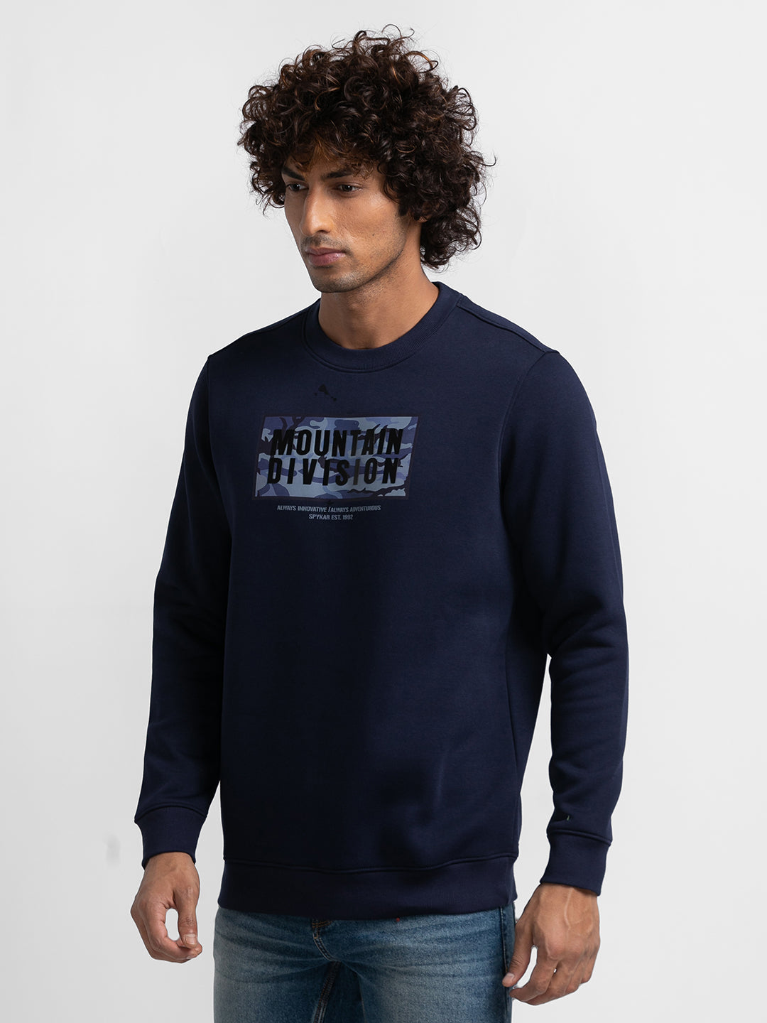 Spykar Navy Blue Cotton Full Sleeve Round Neck Sweatshirt For Men