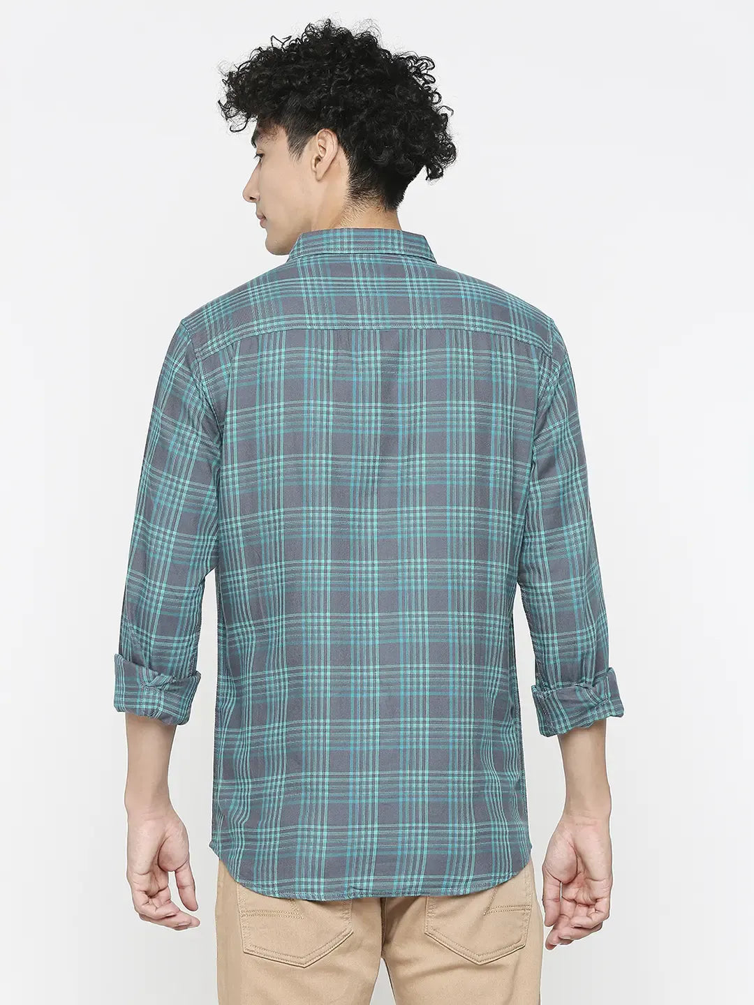 Spykar Men Mint Blue Cotton Slim Fit Checkered Shirt