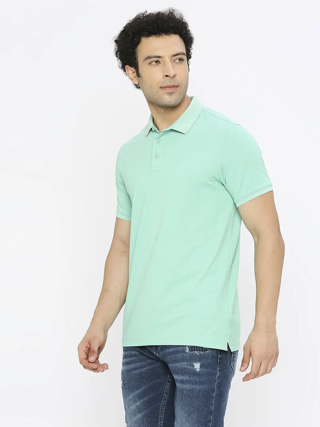 Spykar Men Ice Green Blended Regular Fit Half Sleeve Plain Polo Tshirt