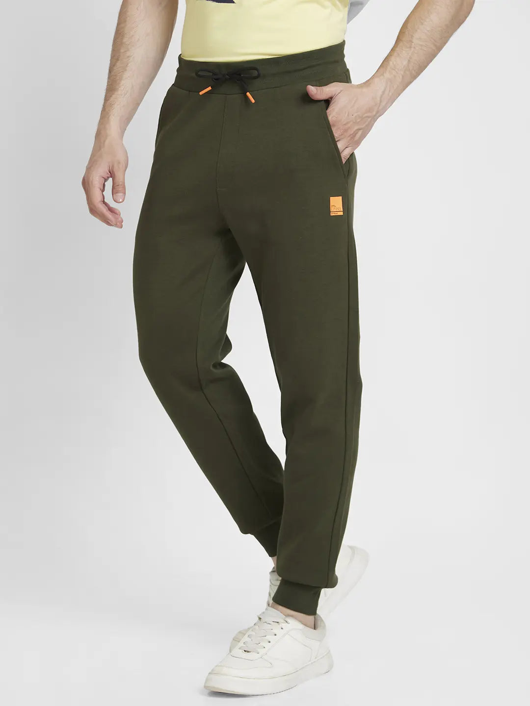 Spykar Men Olive Green Blended Regular Fit Plain Joggers Trackpant