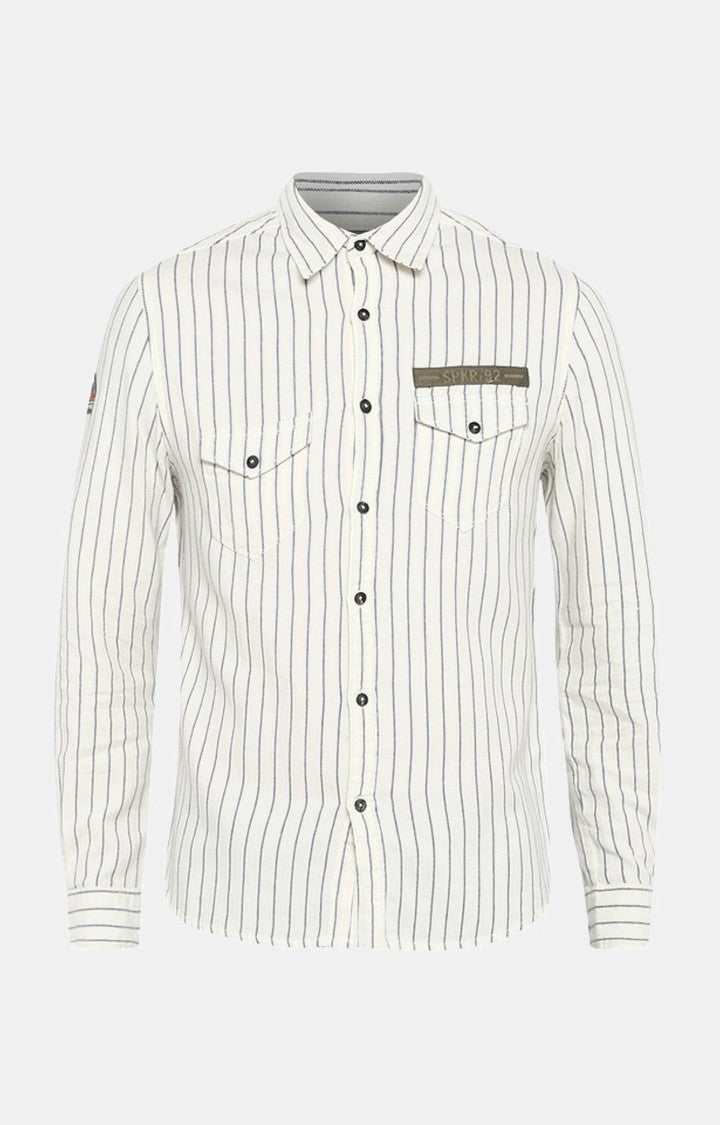 Spykar Men'S White Cotton Striped Casual Shirts