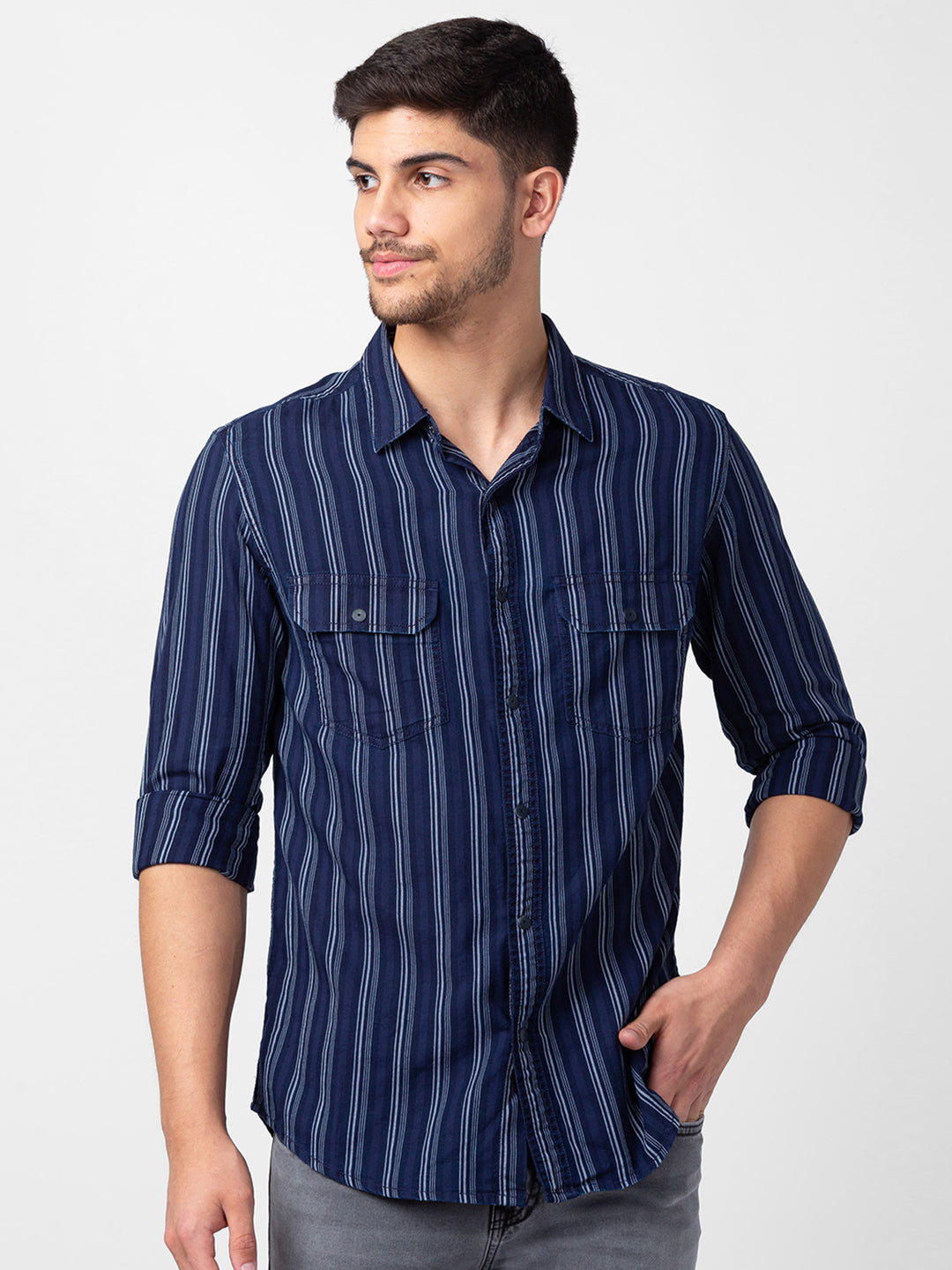 Spykar Men Indigo Blue Cotton Slim Fit Striped Shirt