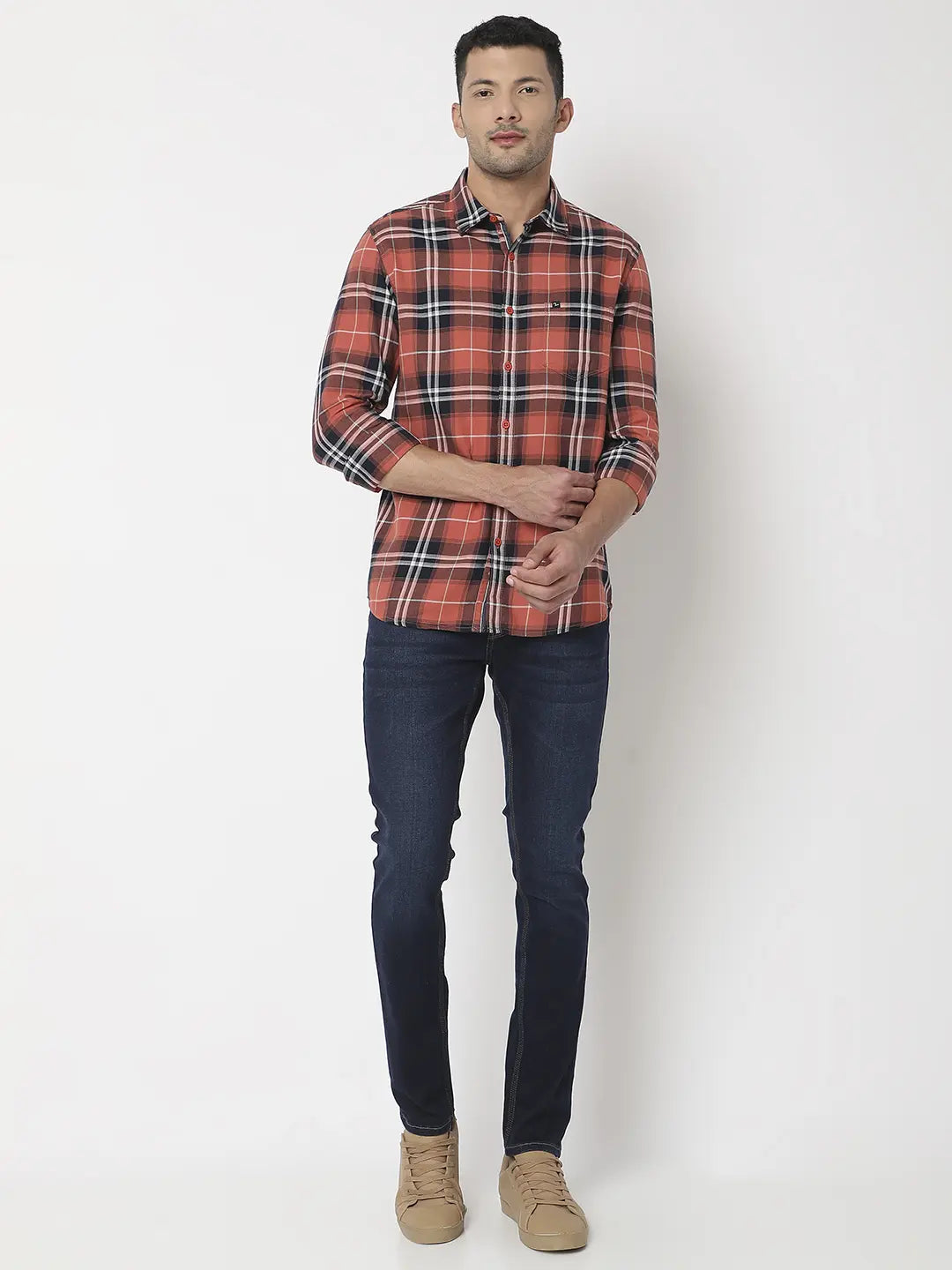 Spykar Men Coral Cotton Slim Fit Checkered Shirt