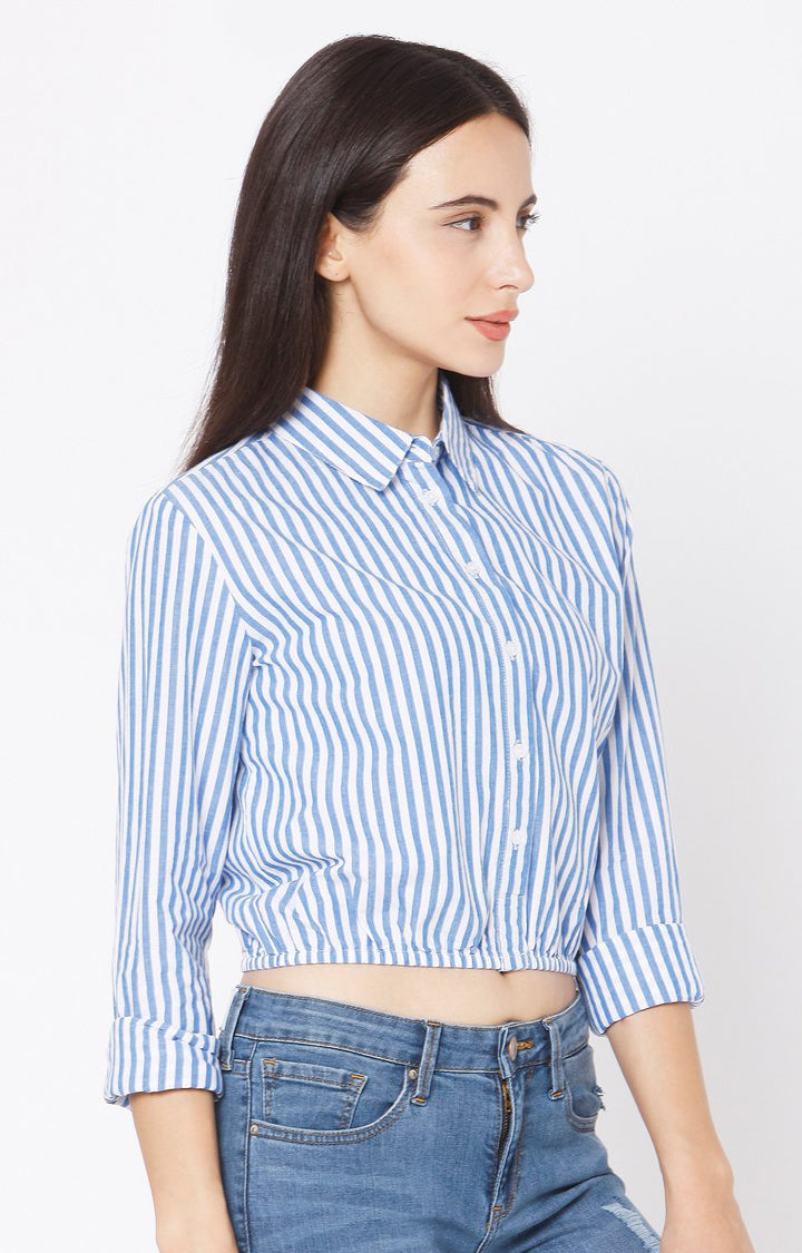 Spykar Slim Fit Blue Cotton Women Stripe Shirt