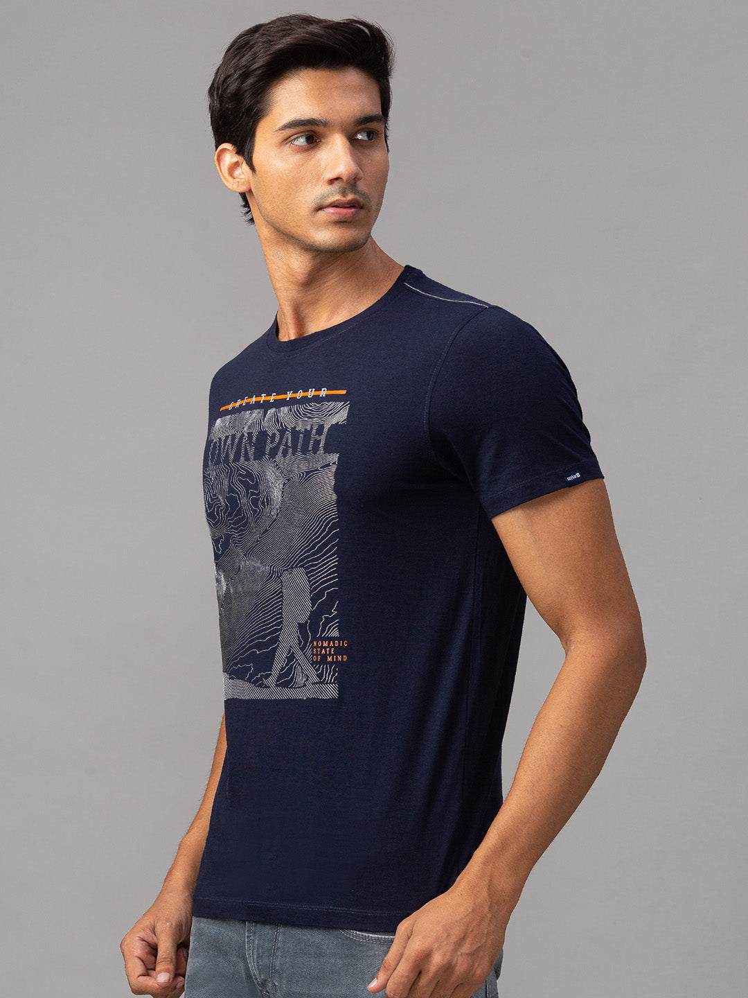 Spykar Men Blue Cotton Slim Fit Round Neck T-Shirt