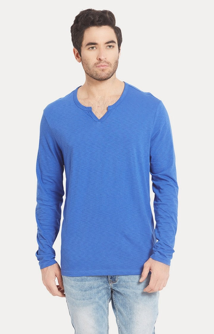 Spykar Blue Slub Jersey Slim Fit T-Shirt For Men