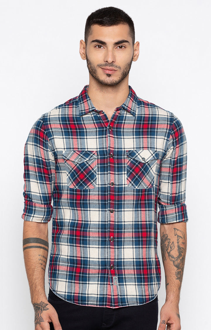 Spykar Men'S Blue Cotton Checked Casual Shirts