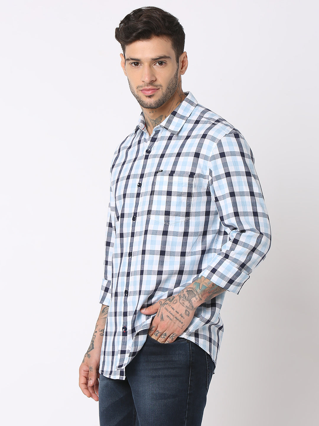 Spykar Men Sky Blue Cotton Regular Fit Checkered Shirts