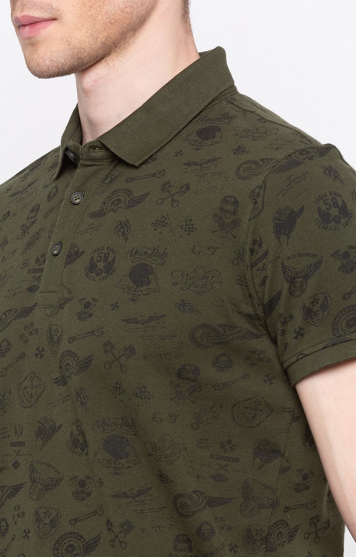 Spykar Olive Printed Slim Fit Polo T-Shirt