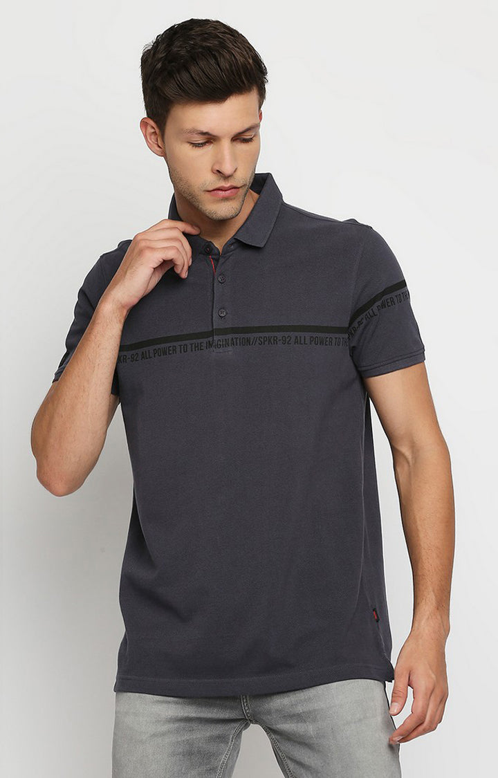 Spykar Men Grey Cotton Printed Half Sleeve Polo T-Shirt