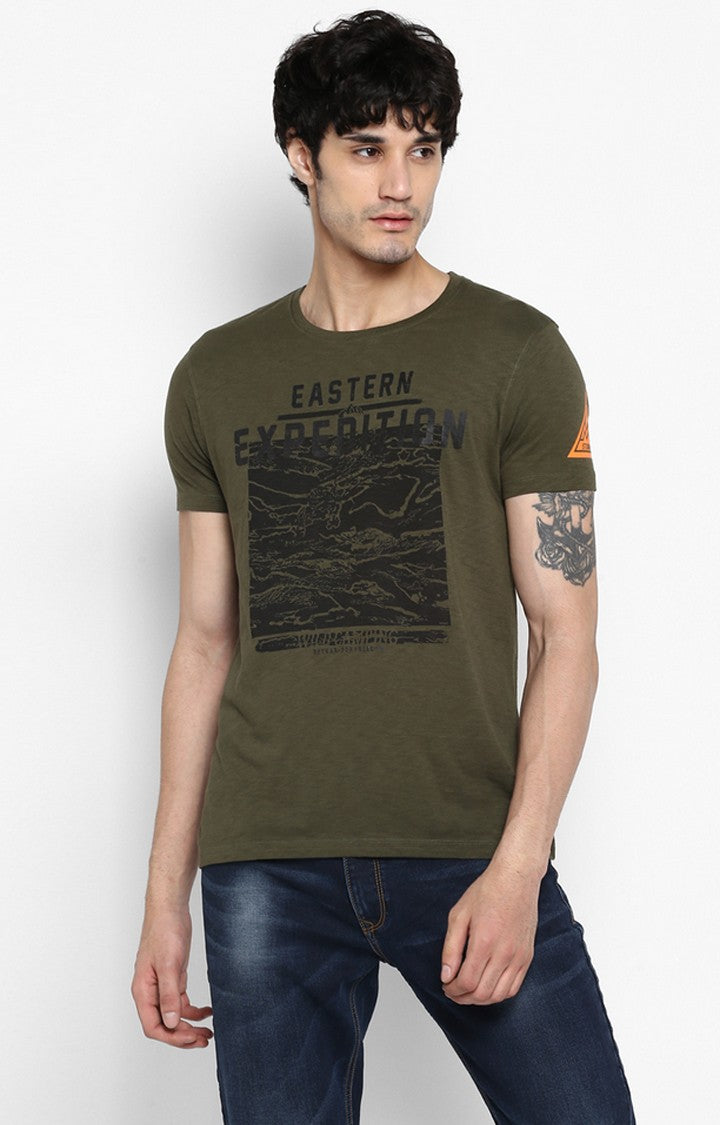 Spykar Olive Green Printed Slim Fit Men T-Shirts