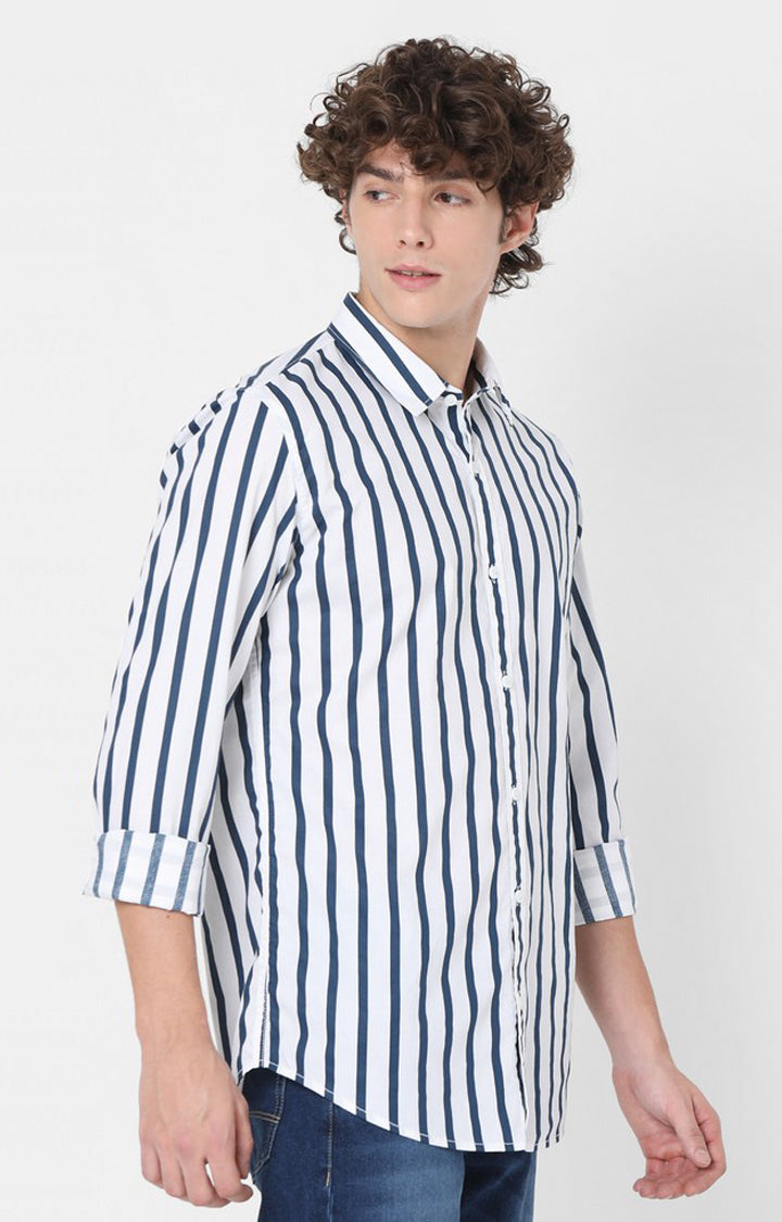 Spykar Slim Fit White & Blue Striped Full Sleeve Shirts For Men