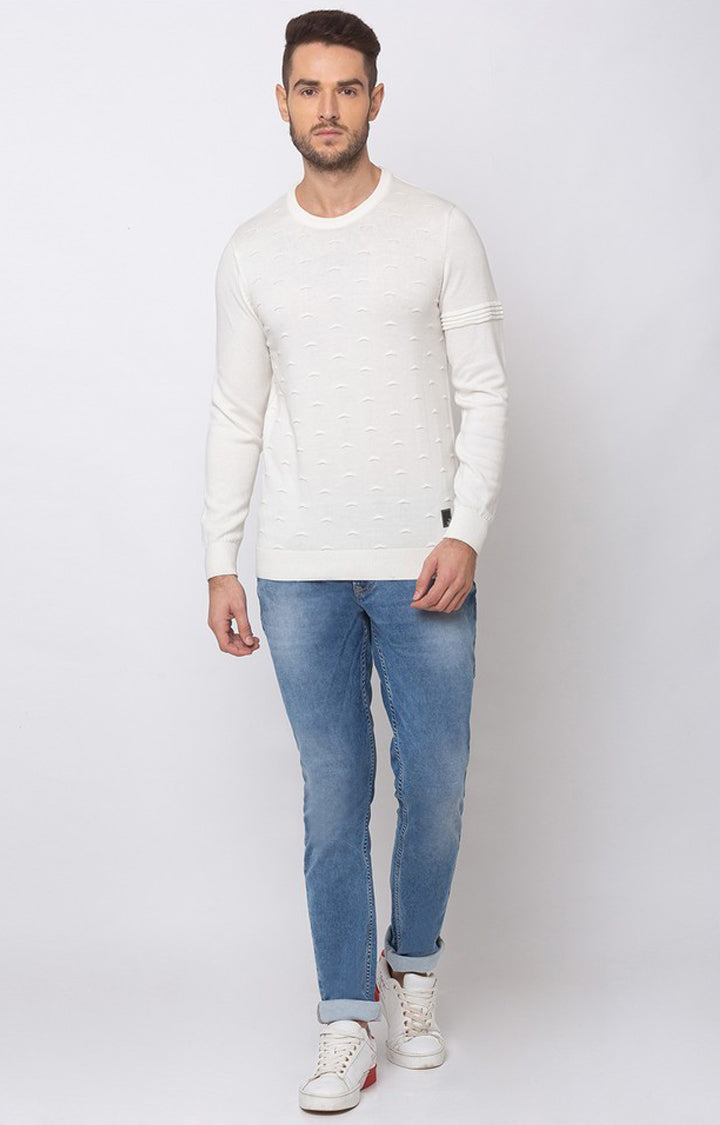 Spykar White Cotton Regular Fit Sweater For Men