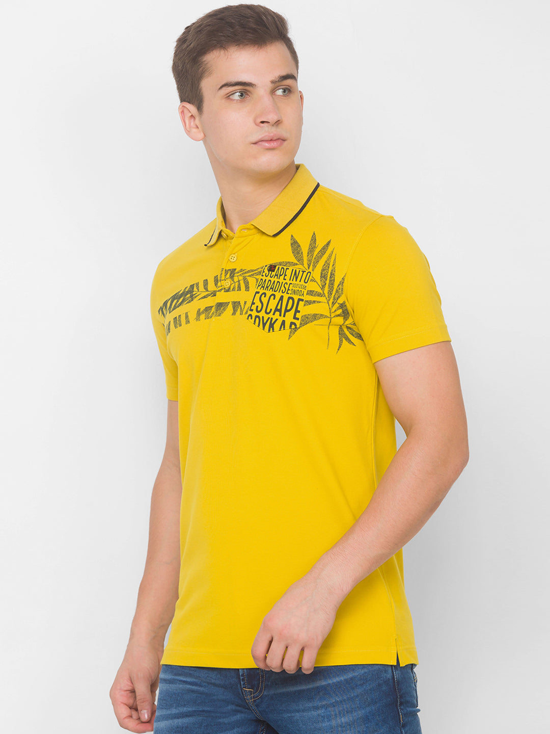 Spykar Men Yellow Cotton Slim Fit Round Neck T-Shirt