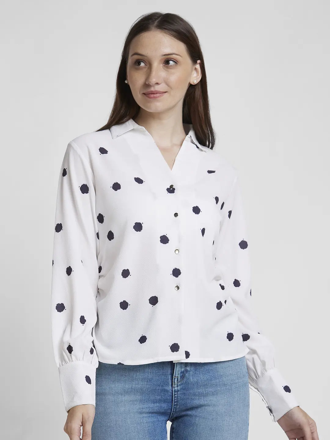Spykar Women White Cotton Regular Fit Full Sleeve Printed Shirt