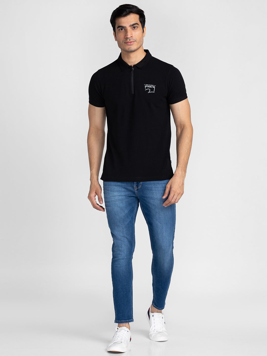 Spykar Men Black Cotton Slim Fit Polo Printed T-Shirt