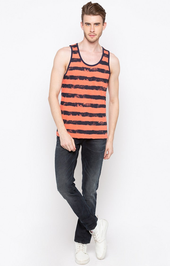 Spykar Orange Striped Slim Fit Men T-Shirts