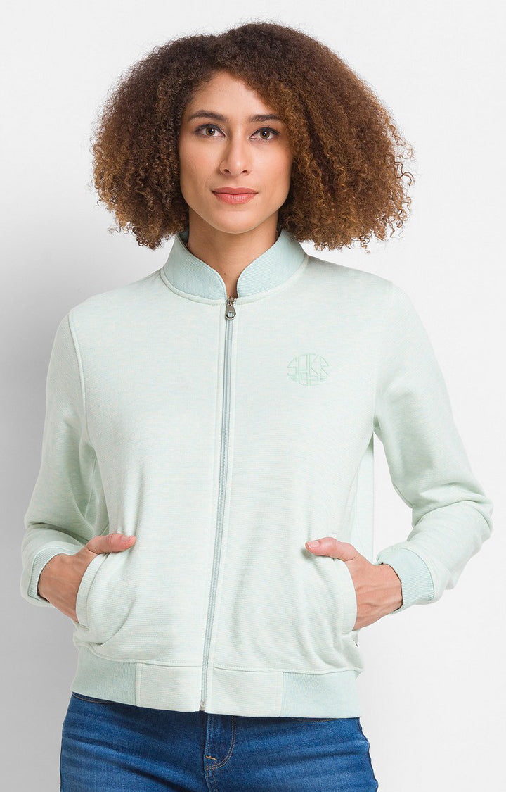 Spykar Sea Green Cotton Blend Full Sleeve High Neck Sweatshirts For Women