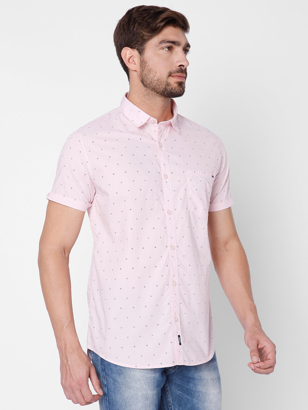 Spykar Slim Fit Men Light Pink Cotton Casual Shirts