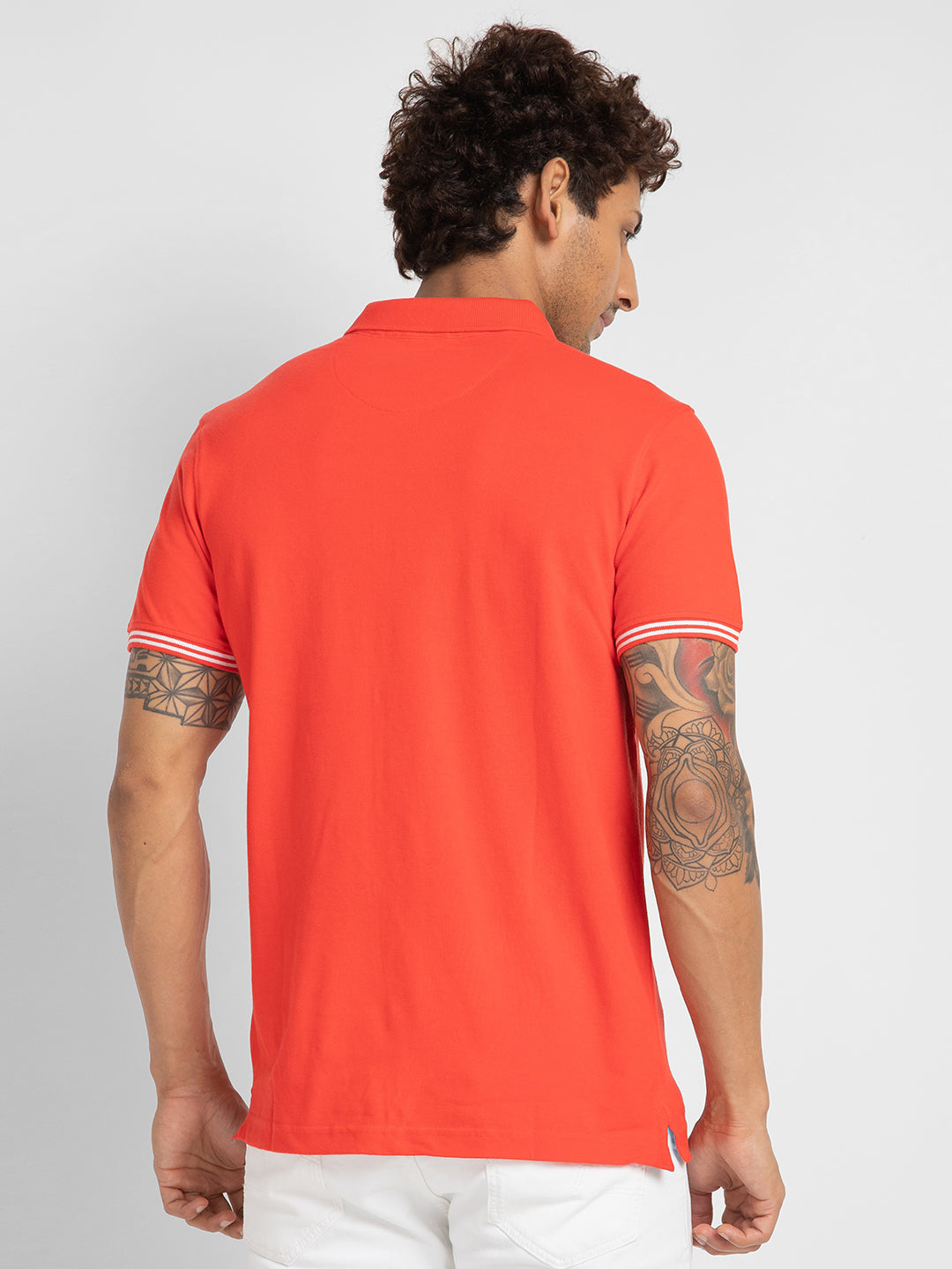 Spykar Men Deep Coral Cotton Slim Fit Plain Polo Neck Tshirt