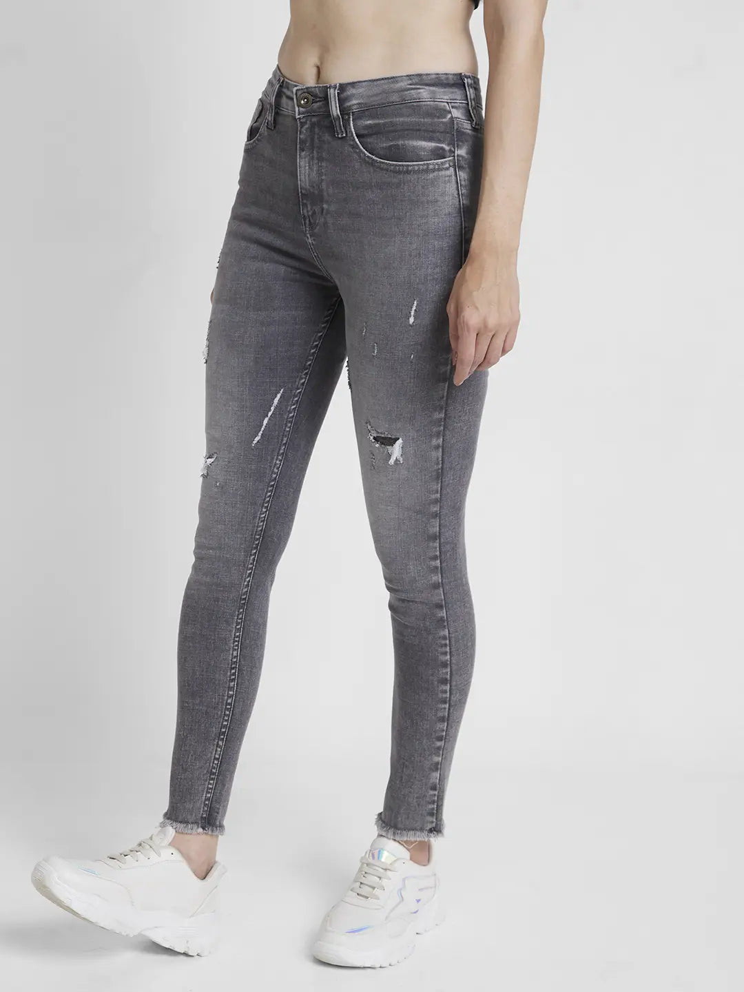 Spykar Women Grey Lycra Super Skinny Fit Ankle Length Low Distressed Jeans -(Alexa)