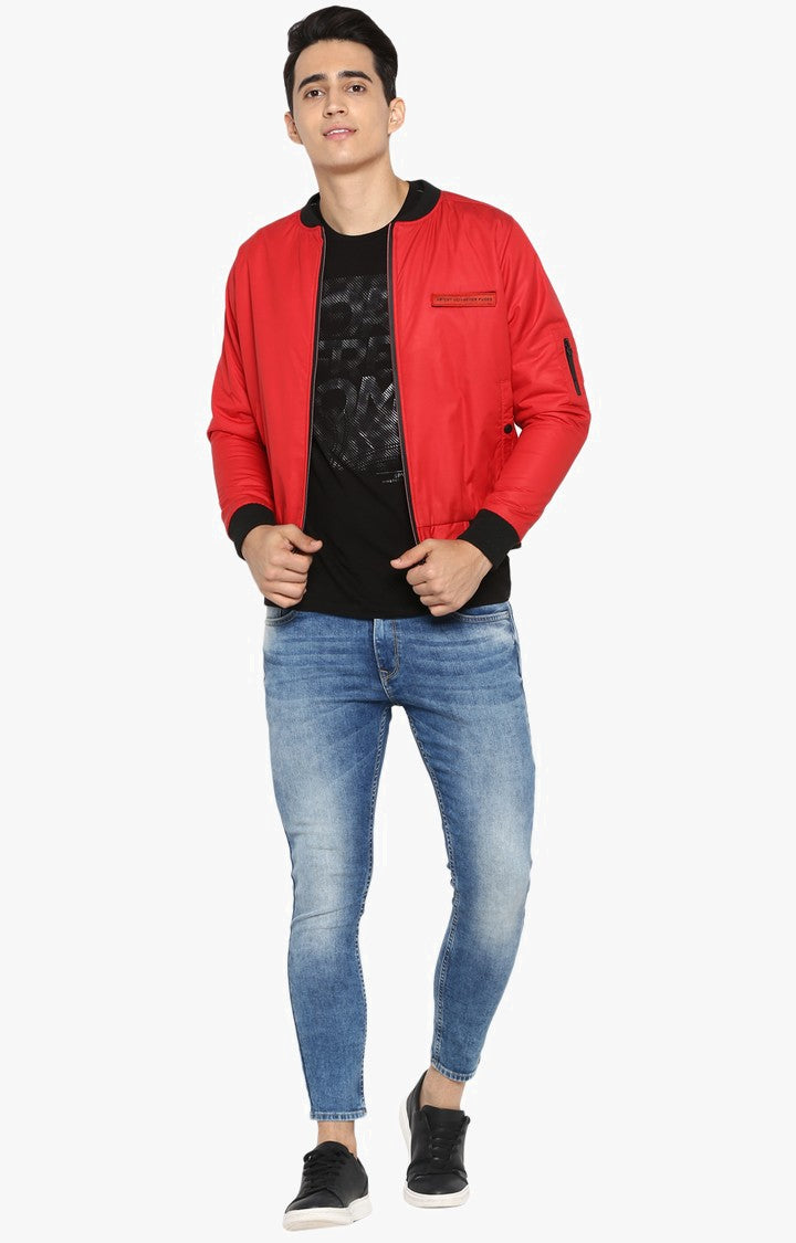 Spykar Men Red Solid Slim Fit Bomber Jacket