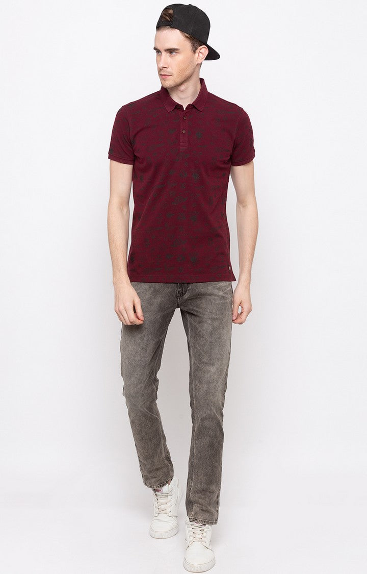 Spykar Wine Printed Slim Fit Polo T-Shirt