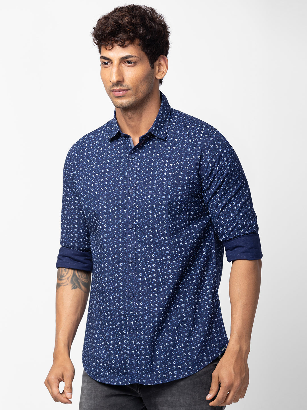 Spykar Men Navy Blue Cotton Slim Fit Printed Shirt