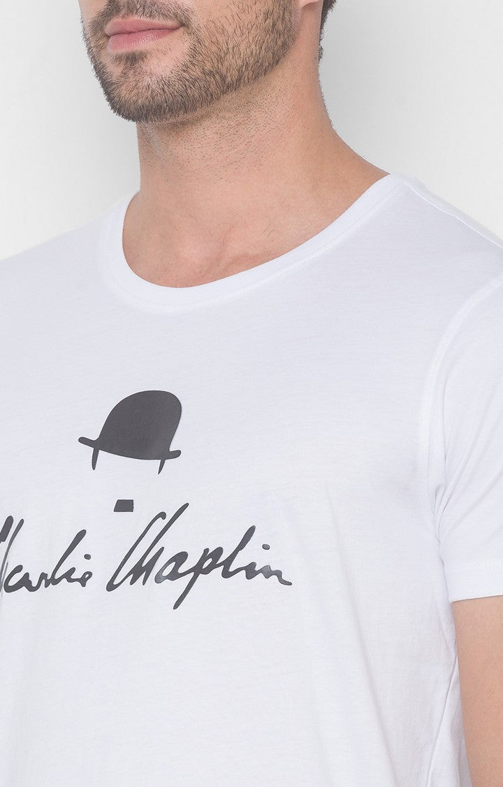 Charlie Chaplin Spykar Men White Cotton Slim Fit Printed Round Neck Tshirt