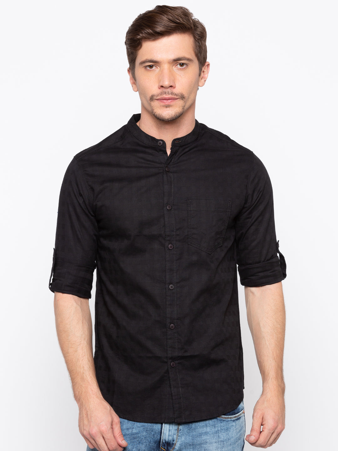 Spykar Black Cotton Regular Fit Shirts For Men