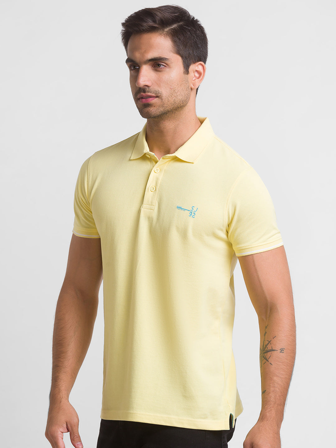 Spykar Butter Yellow Half Sleeve Plain Casual Polo T-Shirt For Men