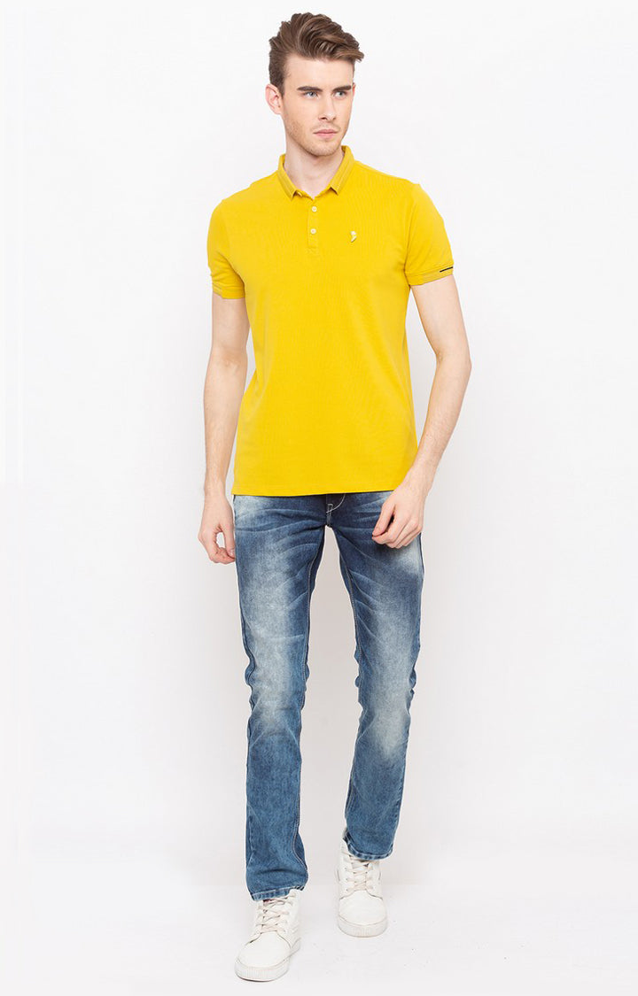 Spykar Mustard Solid Slim Fit Polo T-Shirt