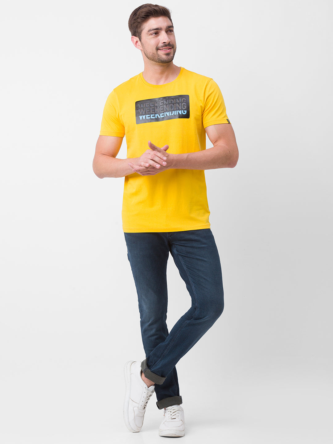 Spykar Chrome Yellow Cotton Half Sleeve Printed Casual T-Shirt For Men