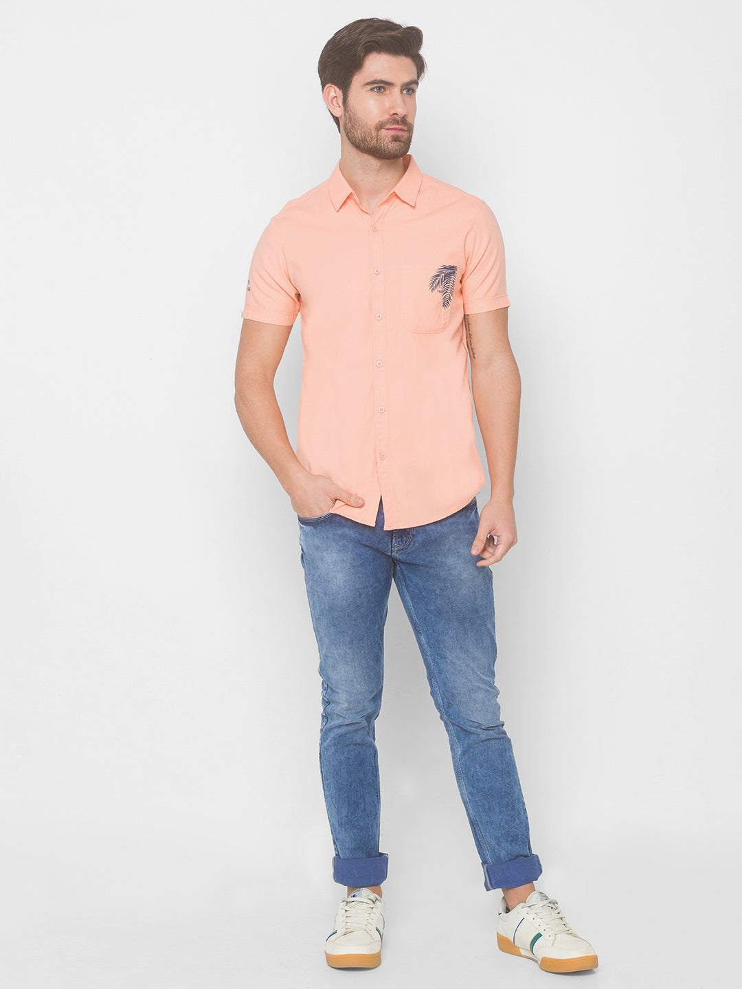 Spykar Men Light Peach Cotton Slim Fit Shirt