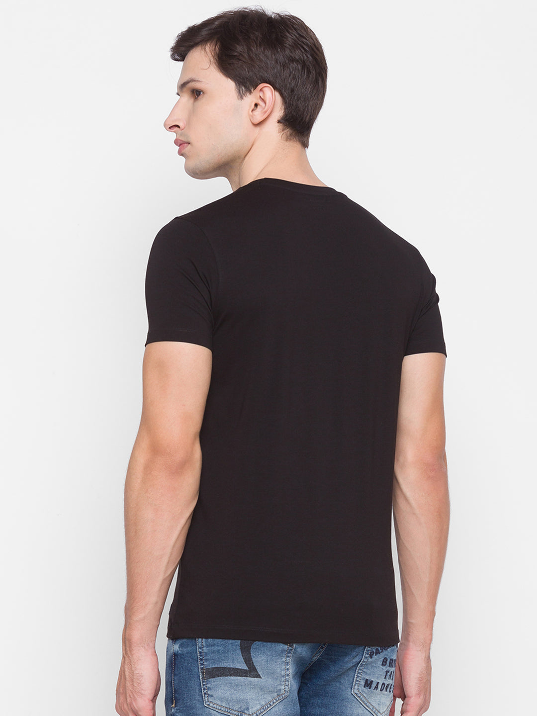 Spykar Men Black Cotton Slim Fit Round Neck T-Shirt