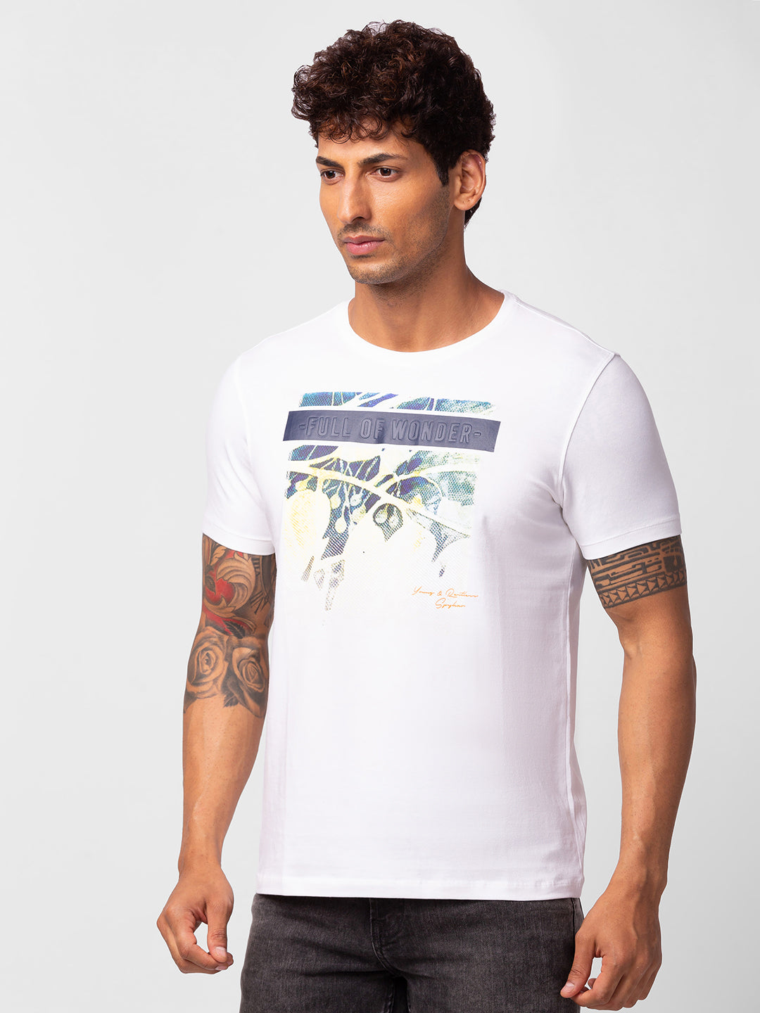 Spykar Men White Cotton Regular Fit Half Sleeve Printed T-Shirt