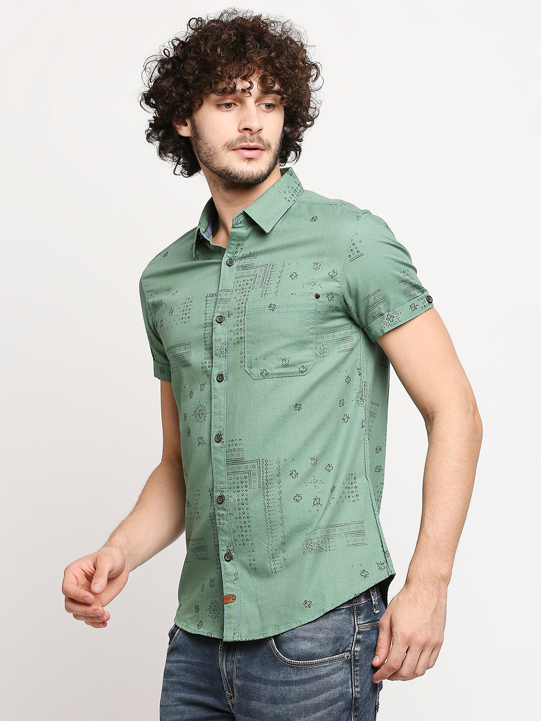 Spykar Men Sage Green Cotton Slim Fit Shirt