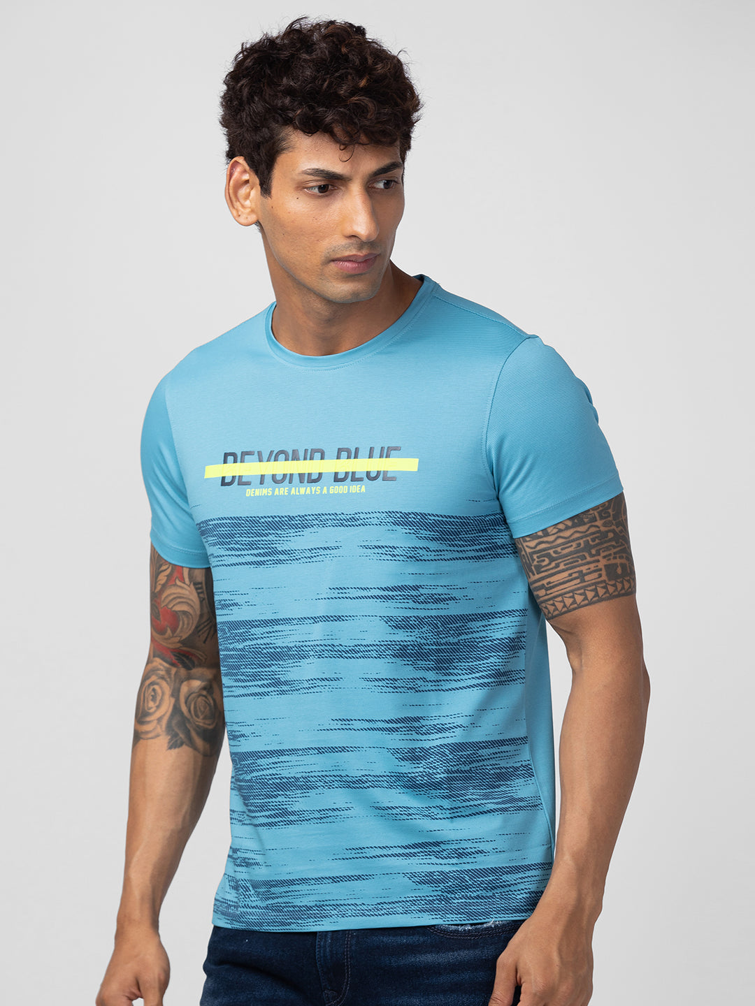 Spykar Men Haze Blue Cotton Regular Fit Half Sleeve Printed T-Shirt