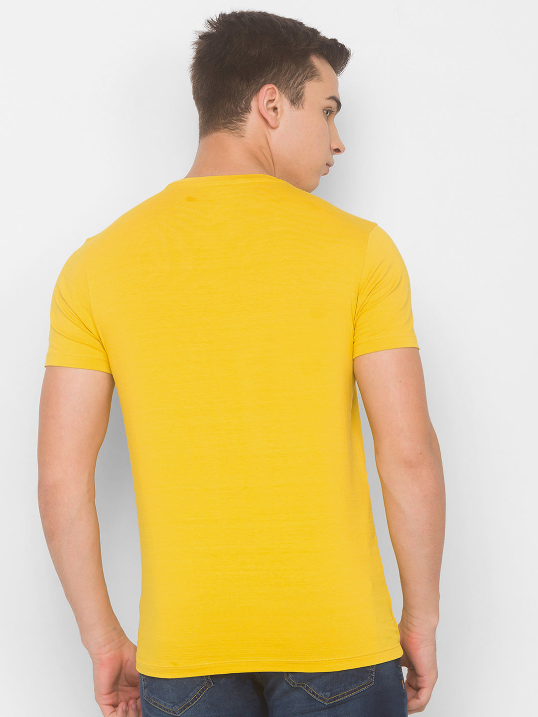 Spykar Men Yellow Cotton Slim Fit Round Neck T-Shirt