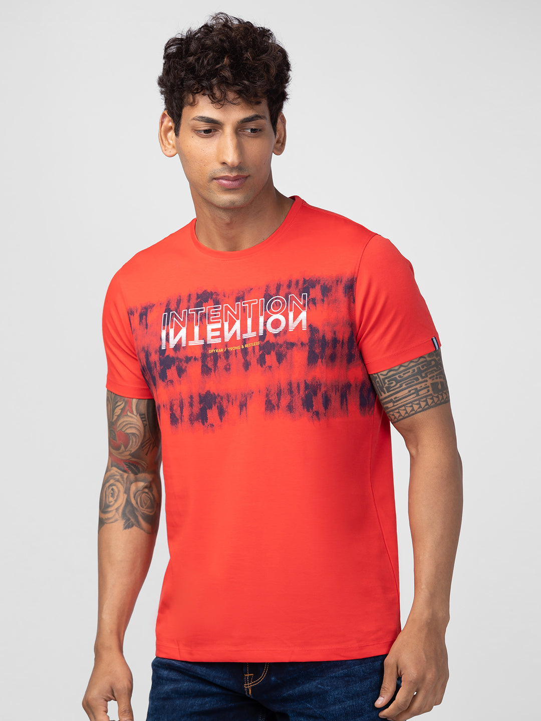 Spykar Men Deep Coral Cotton Regular Fit Half Sleeve Printed T-Shirt